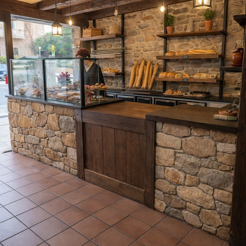 Interior amb pedra i fusta de Rostisseria Arana